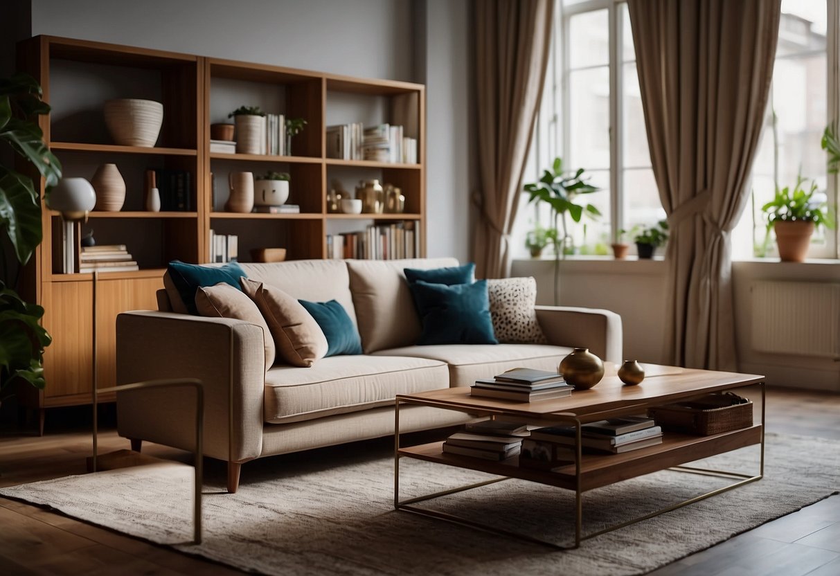 A room with various furniture pieces: a sofa, a coffee table, a bookshelf, and a lamp. The furniture is arranged neatly and there are no people in the scene