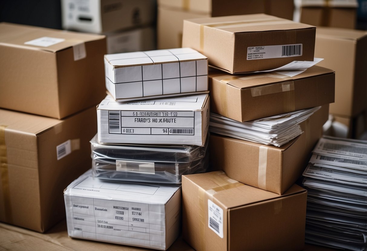 A stack of furniture boxes with shipping labels, surrounded by a tape measure, packing materials, and a calculator