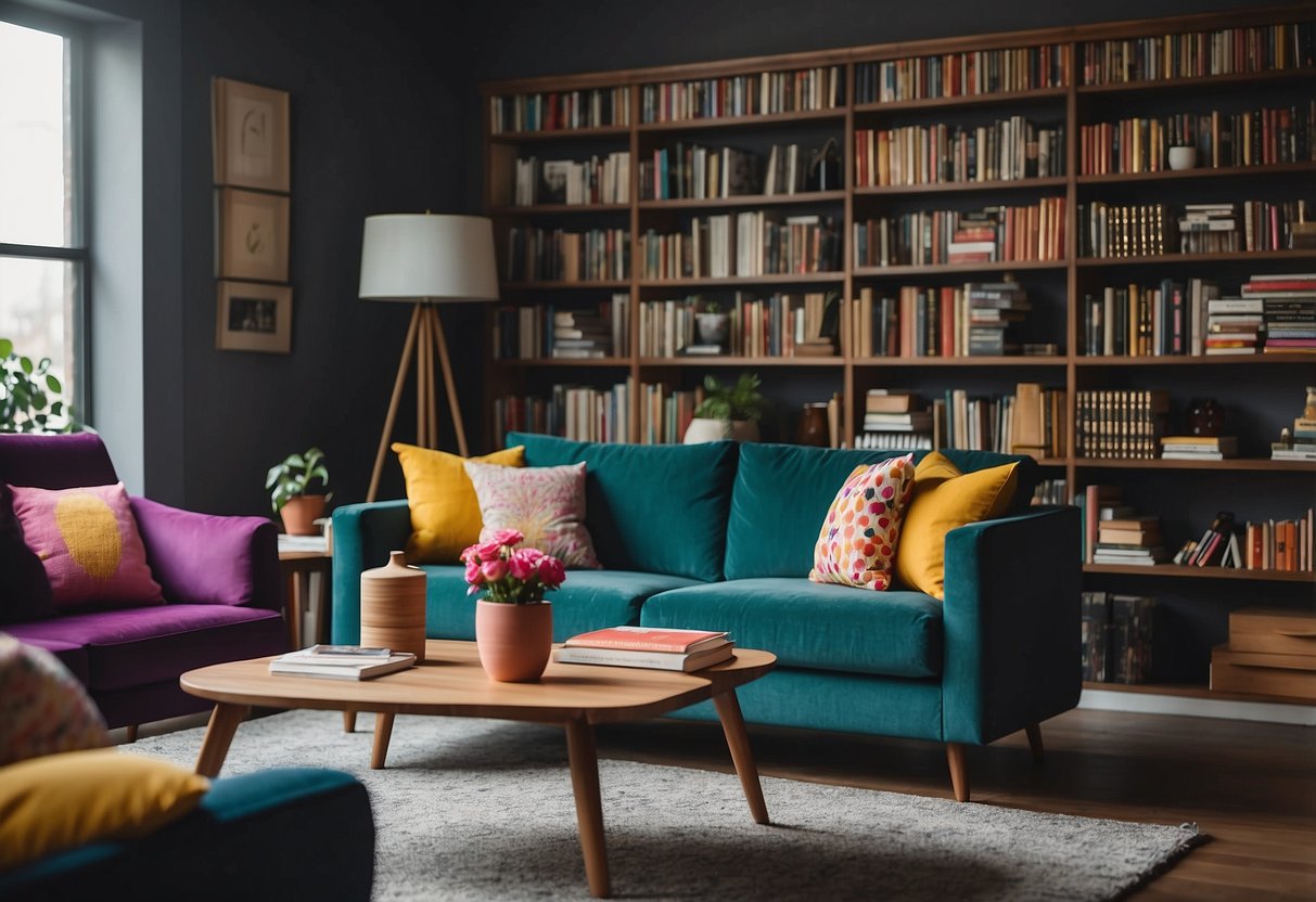 A living room with a couch, coffee table, and bookshelf. The couch has colorful throw pillows and the bookshelf is filled with books and decorative items