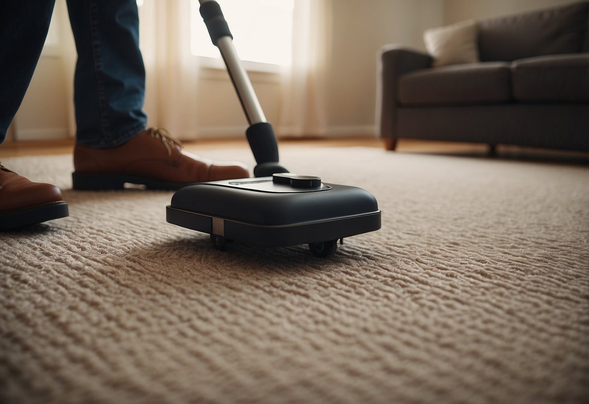 A person uses furniture sliders to move heavy items across a carpeted floor, following a step-by-step guide from a FAQ