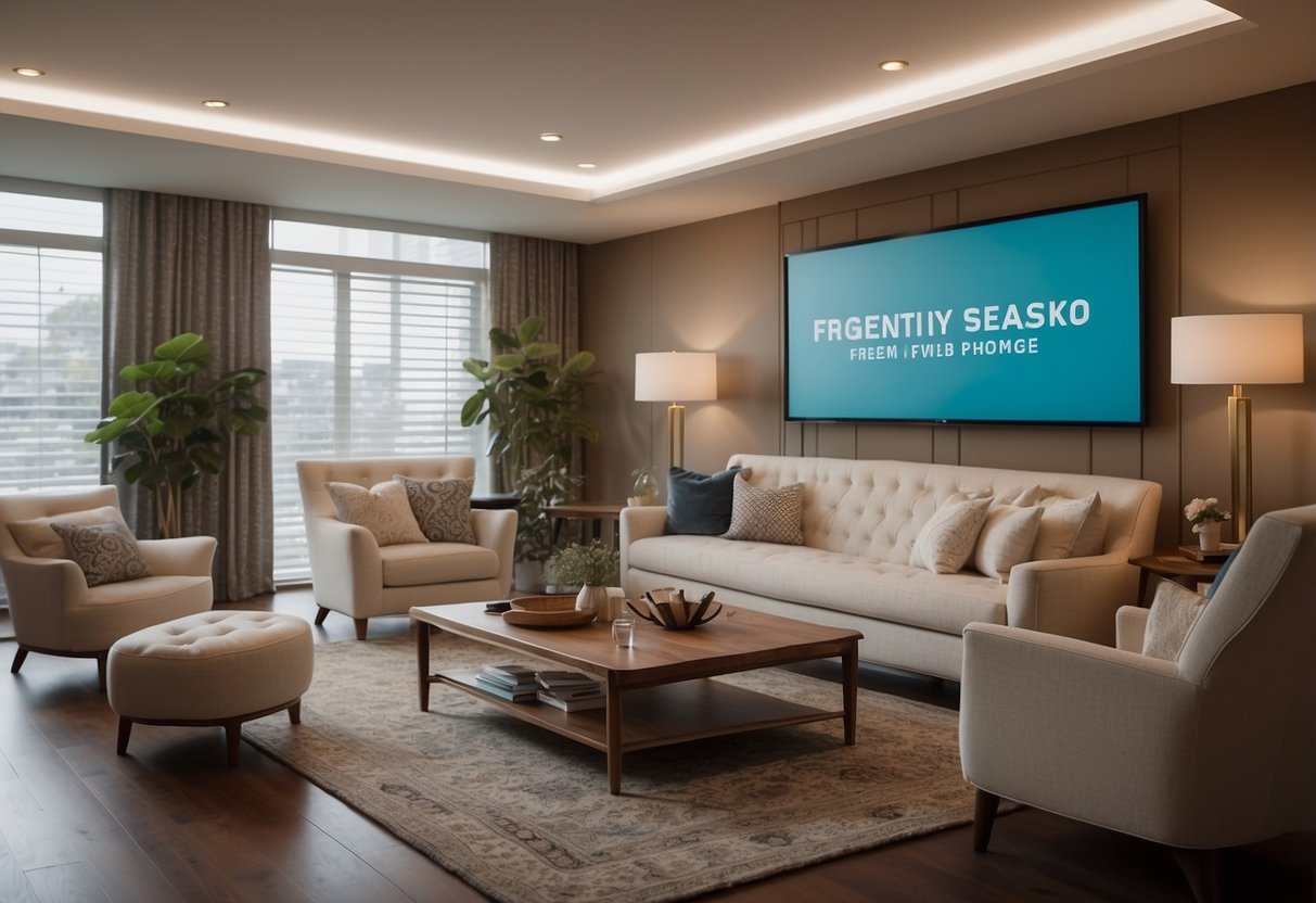 A room with various furniture pieces arranged neatly. A sign with "Frequently Asked Questions" is displayed above the furniture