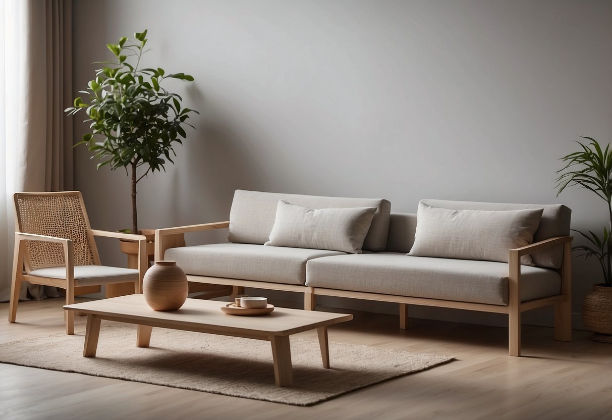 A modern, minimalist plywood furniture set arranged in a clean, well-lit room with a neutral color palette and geometric accents