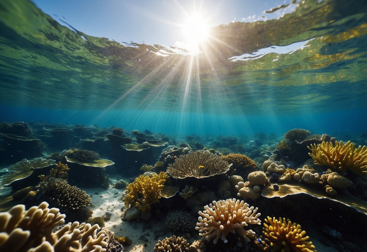 A colorful coral reef with diverse marine life, surrounded by clear blue water and sunlight streaming through the surface