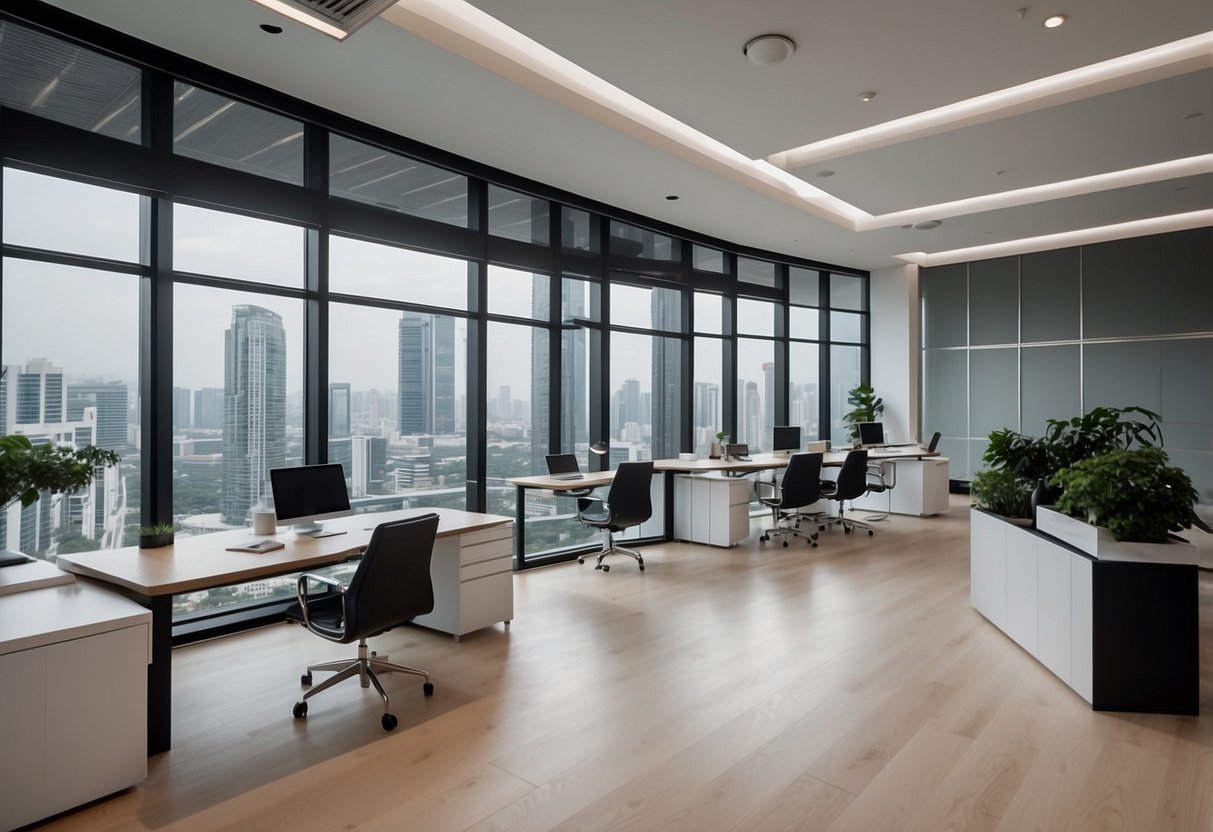 A modern office space with sleek, minimalist furniture in Singapore. Clean lines, neutral colors, and a professional atmosphere