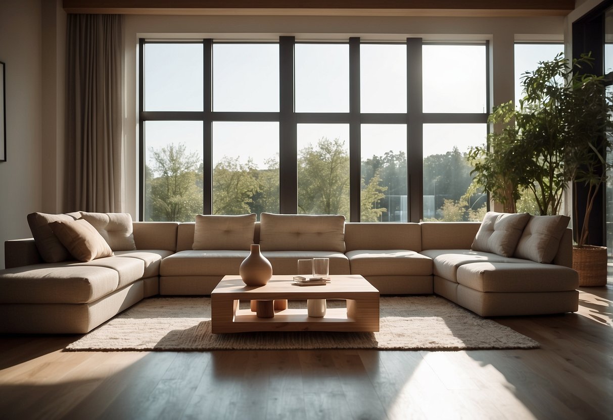 A living room with karton cardboard furniture arranged in modern style. Light filters in through large windows, casting soft shadows on the sleek, minimalist designs