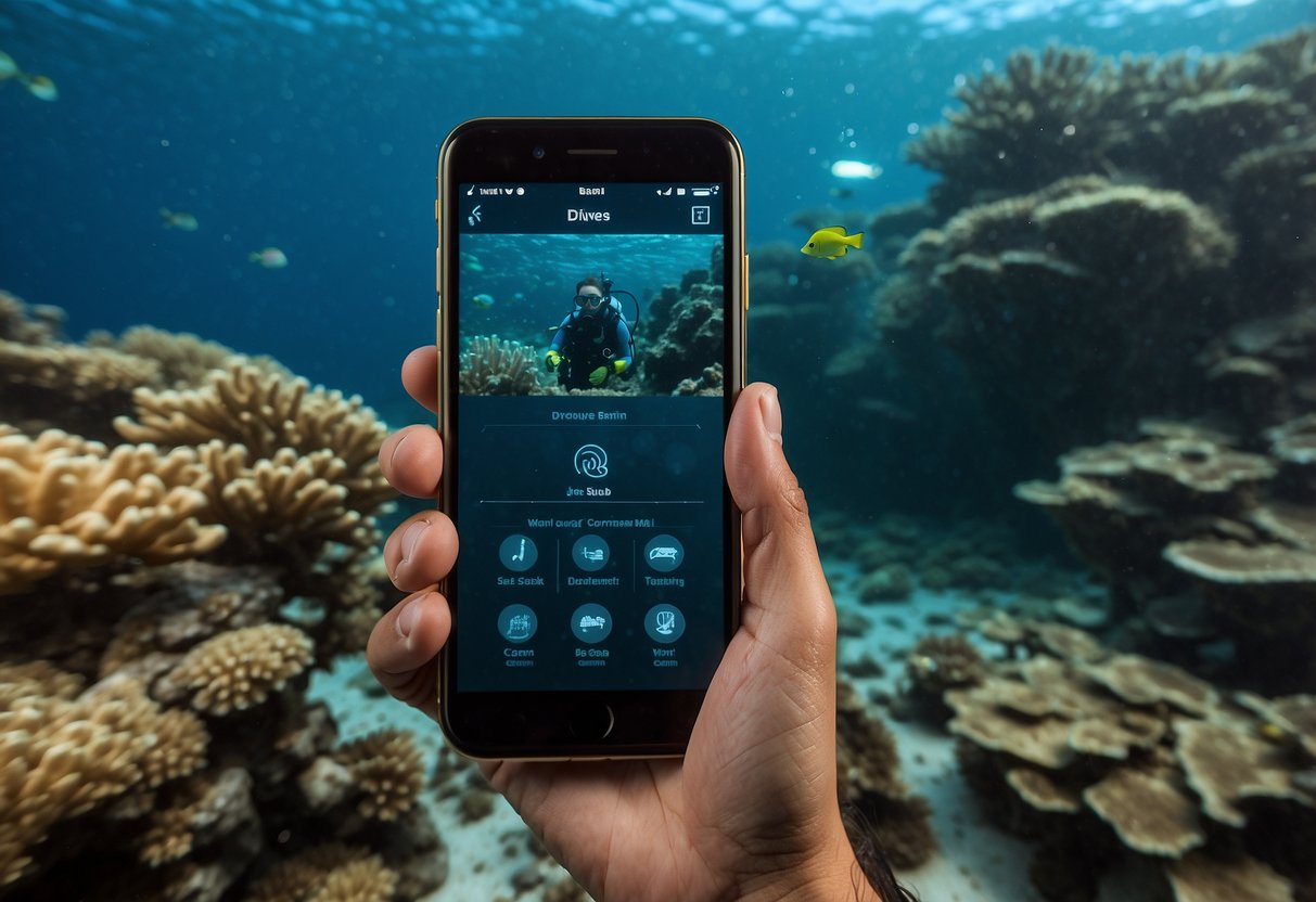 A diver checks their smartphone for real-time dive conditions, using one of the top 10 scuba diving apps. The app displays safety and monitoring data, including depth, temperature, and air supply