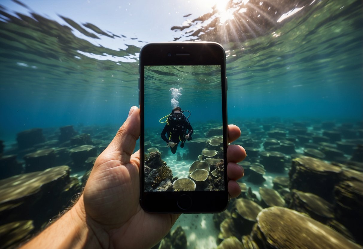 Crystal clear waters surround a diver, who uses a smartphone to access a scuba diving app. Marine life swims around them as they explore the ocean floor