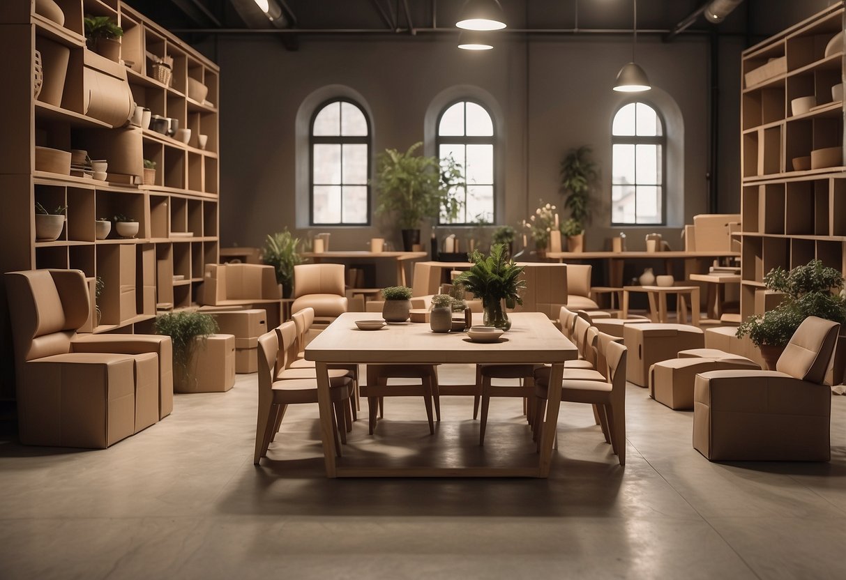 A room filled with Karton cardboard furniture, showcasing its durability and modern design. Tables, chairs, and shelves are arranged in a stylish and functional manner