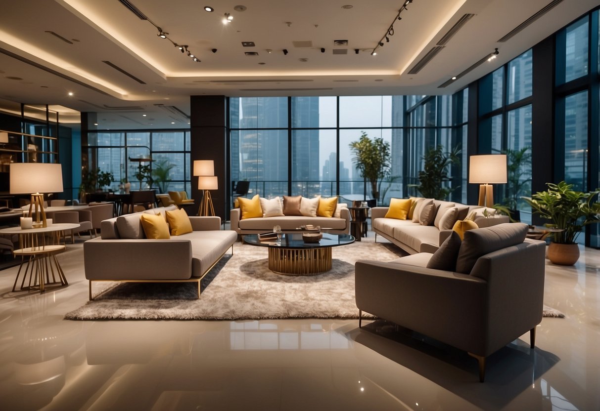 A spacious showroom with modern and classic furniture displays, vibrant lighting, and sleek interior designs at Universal Furniture in Singapore