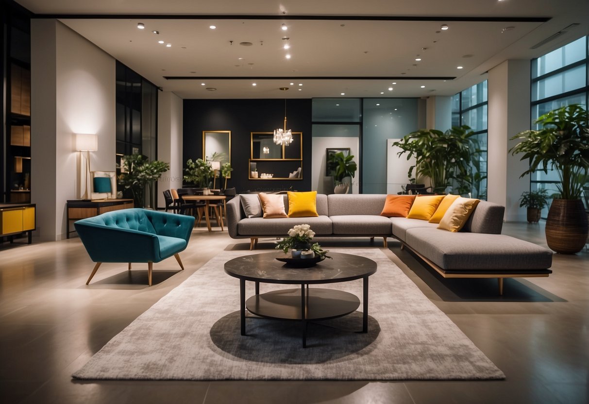 A spacious showroom displaying modern and classic furniture collections in Singapore. Bright lighting highlights sleek designs and vibrant colors