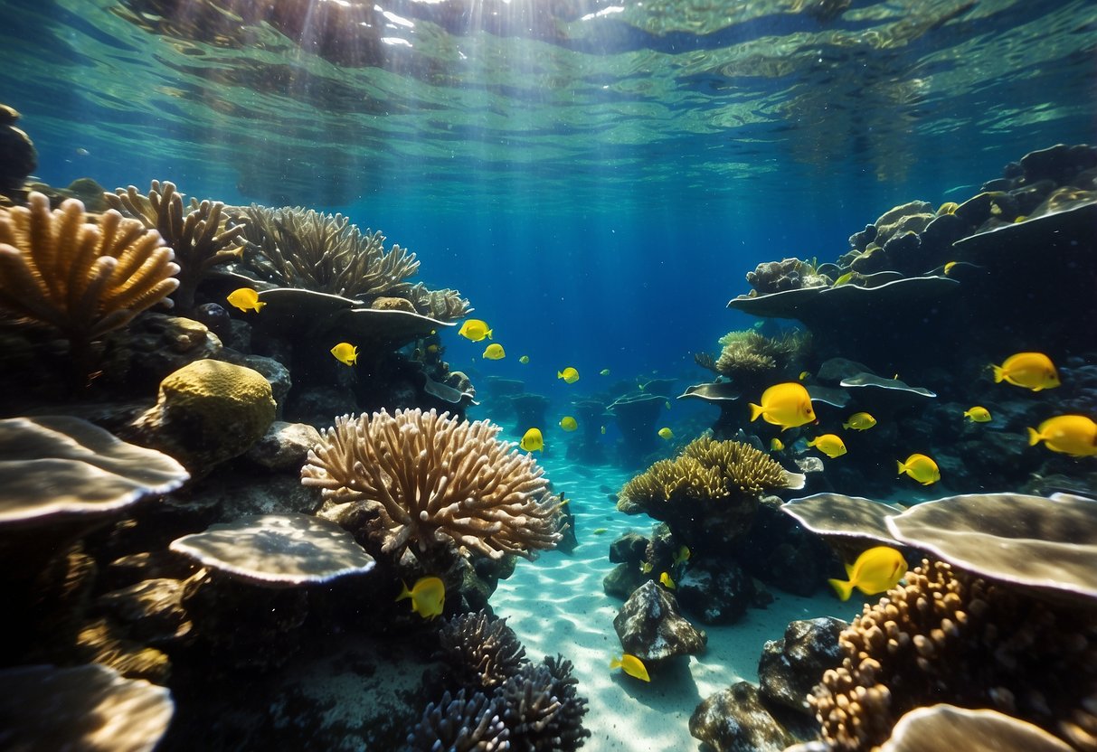 Crystal clear water, vibrant coral reefs, schools of colorful fish, and a variety of marine life. Sunlight streaming through the water, creating a mesmerizing display of light and shadow. A sense of tranquility and adventure in the air