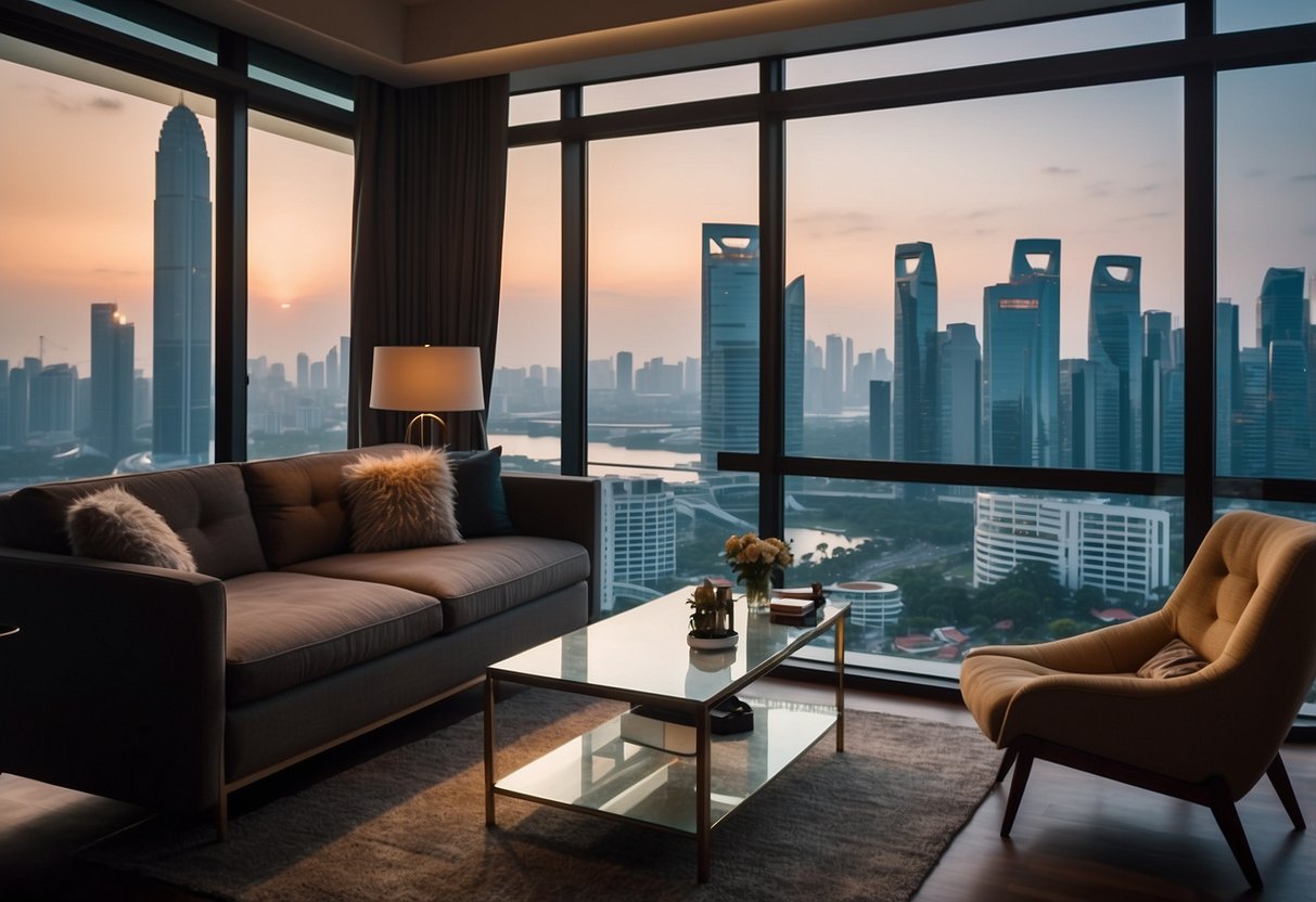 A cozy living room with modern furniture, soft lighting, and a view of the Singapore skyline through a large window