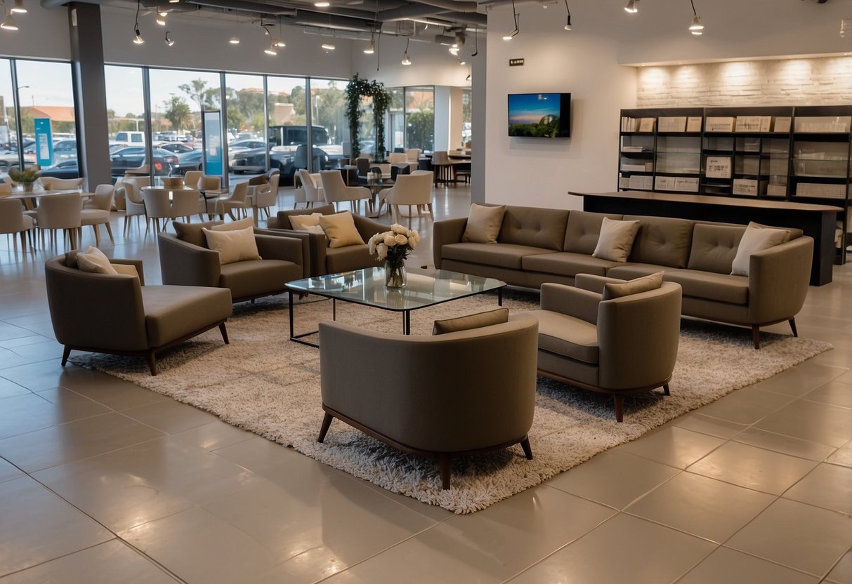 A spacious showroom with modern furniture displays at Pick n Pay. Bright lighting highlights the sleek designs and comfortable seating options