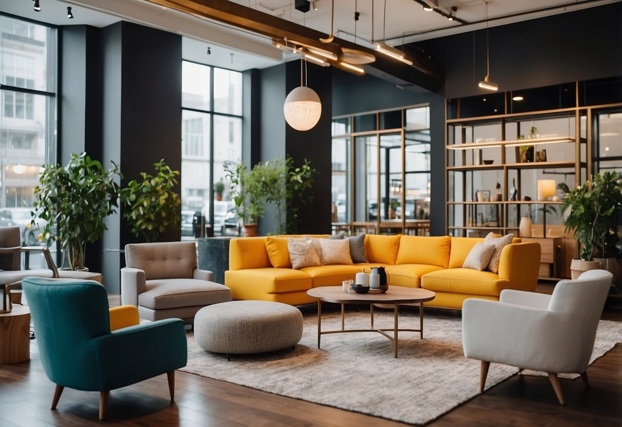 A spacious, well-lit furniture showroom with modern designs and comfortable seating arrangements. Brightly colored decor and friendly staff create a welcoming atmosphere
