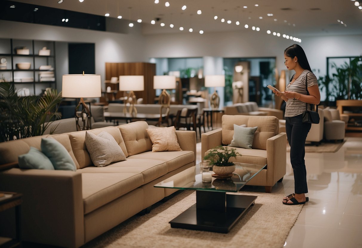 A customer browsing through a variety of furniture items with a "Frequently Asked Questions" sign displayed prominently in a furniture showroom in Singapore