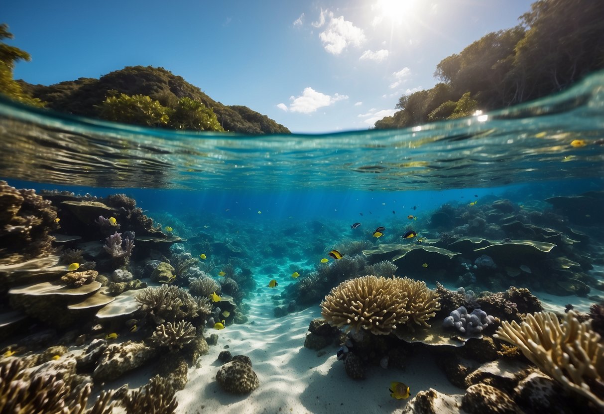 Crystal clear water with vibrant coral reefs and diverse marine life. A gentle, sandy bottom with easy entry and exit points. Visible safety markers and clear signage for divers