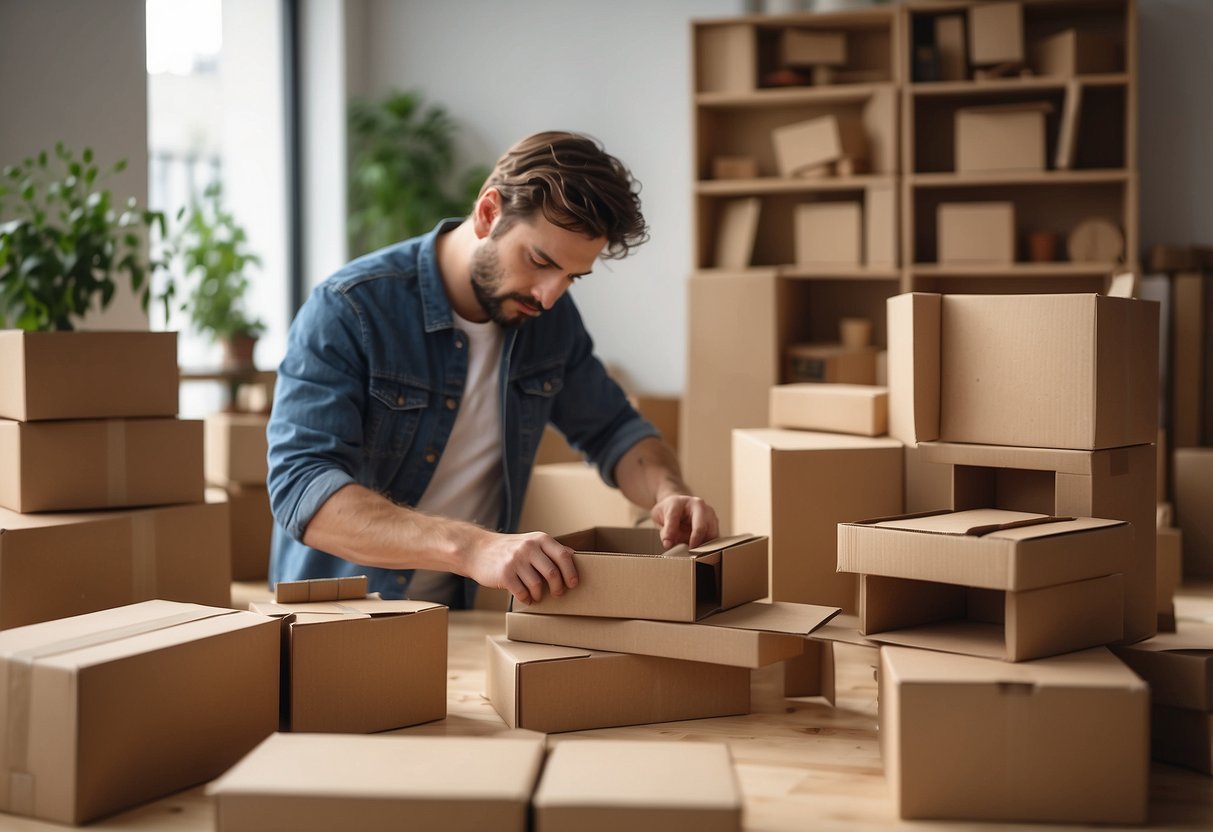 A person assembles Karton cardboard furniture with tools and instructions in a well-lit room. Pieces of cardboard are stacked neatly nearby