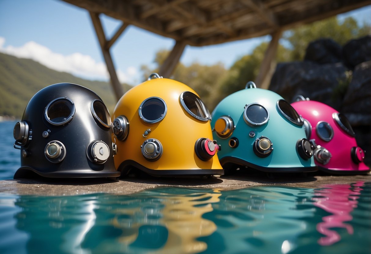 Five sleek diving helmets arranged with feminine colors and designs, set against a backdrop of underwater scenery