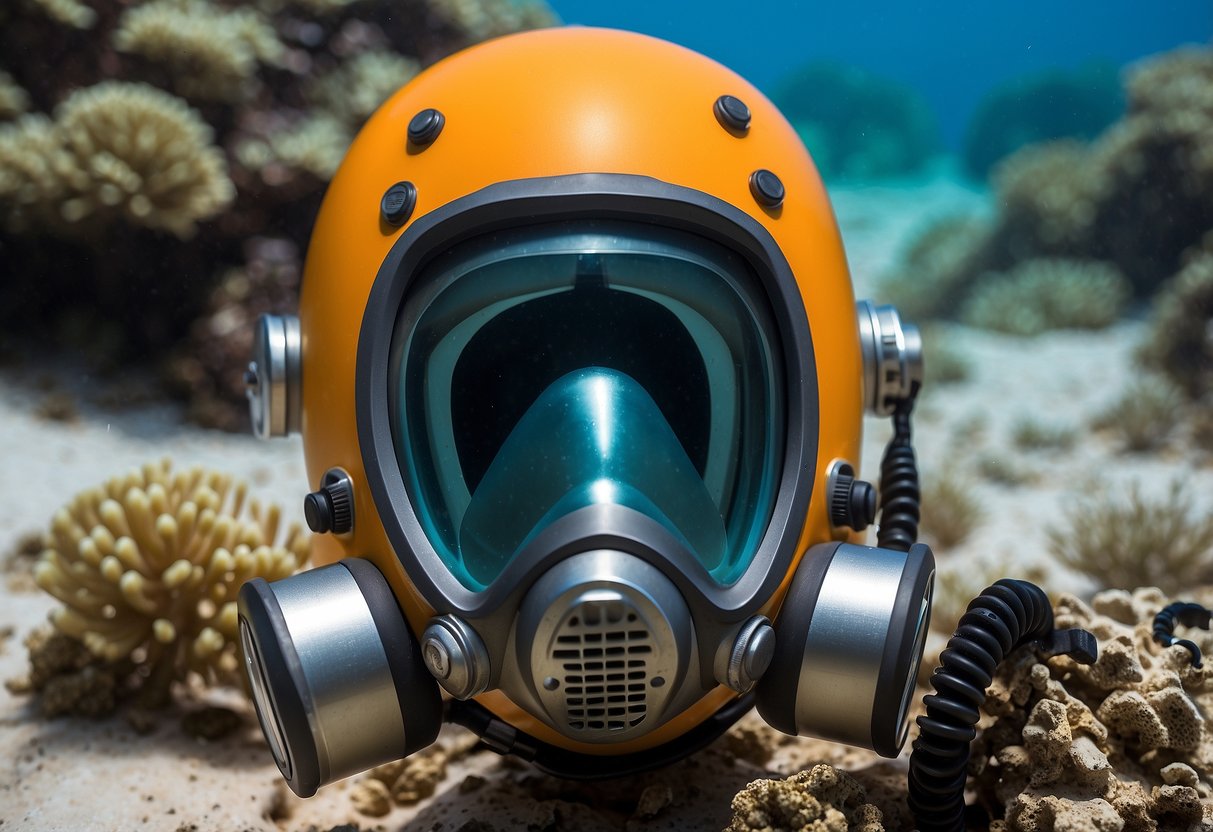 A woman's lightweight diving helmet, the Mares Rover Pro 5, rests on a sandy ocean floor surrounded by colorful coral and fish