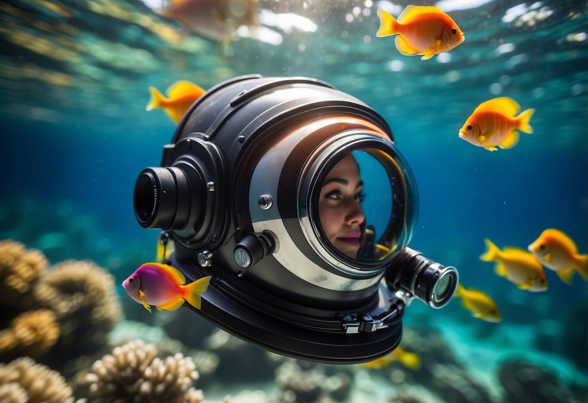 A woman's diving helmet floats in crystal-clear water, sunlight reflecting off its sleek, lightweight design. Vibrant coral and colorful fish surround it