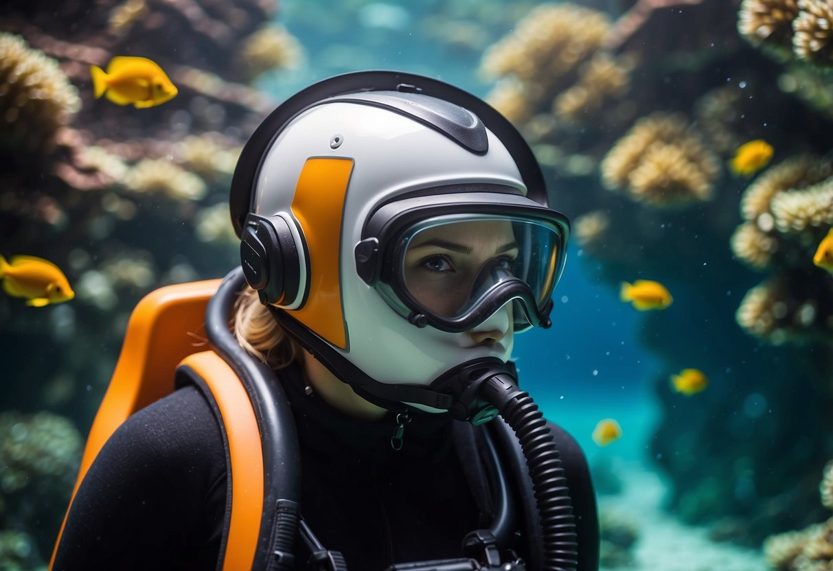 A woman in a sleek diving helmet explores colorful coral and marine life in the crystal-clear waters of an ocean reef