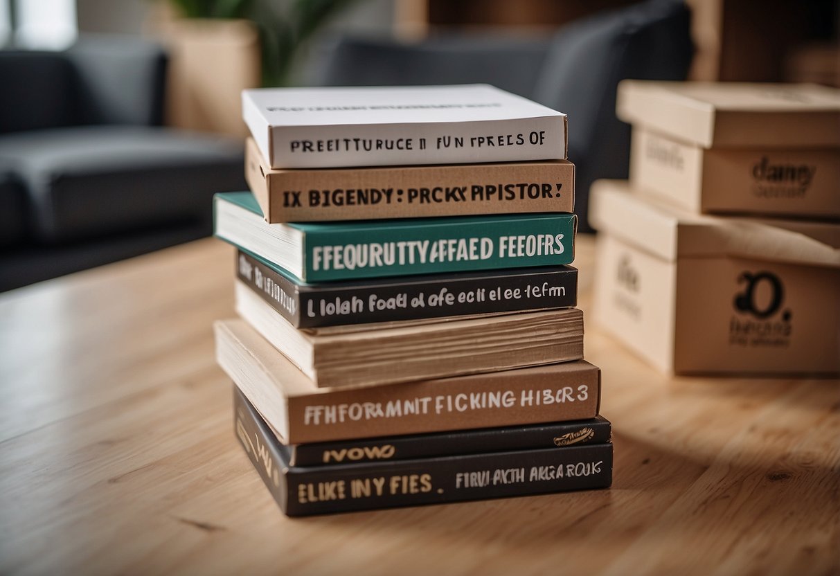 A stack of cardboard furniture pieces with "Frequently Asked Questions" printed on the side, surrounded by happy customers using the furniture