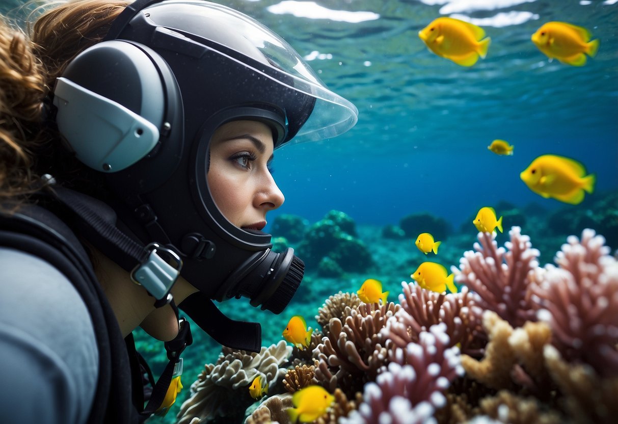 A woman wearing the Hollis M1 lightweight diving helmet, surrounded by clear blue ocean water and colorful marine life