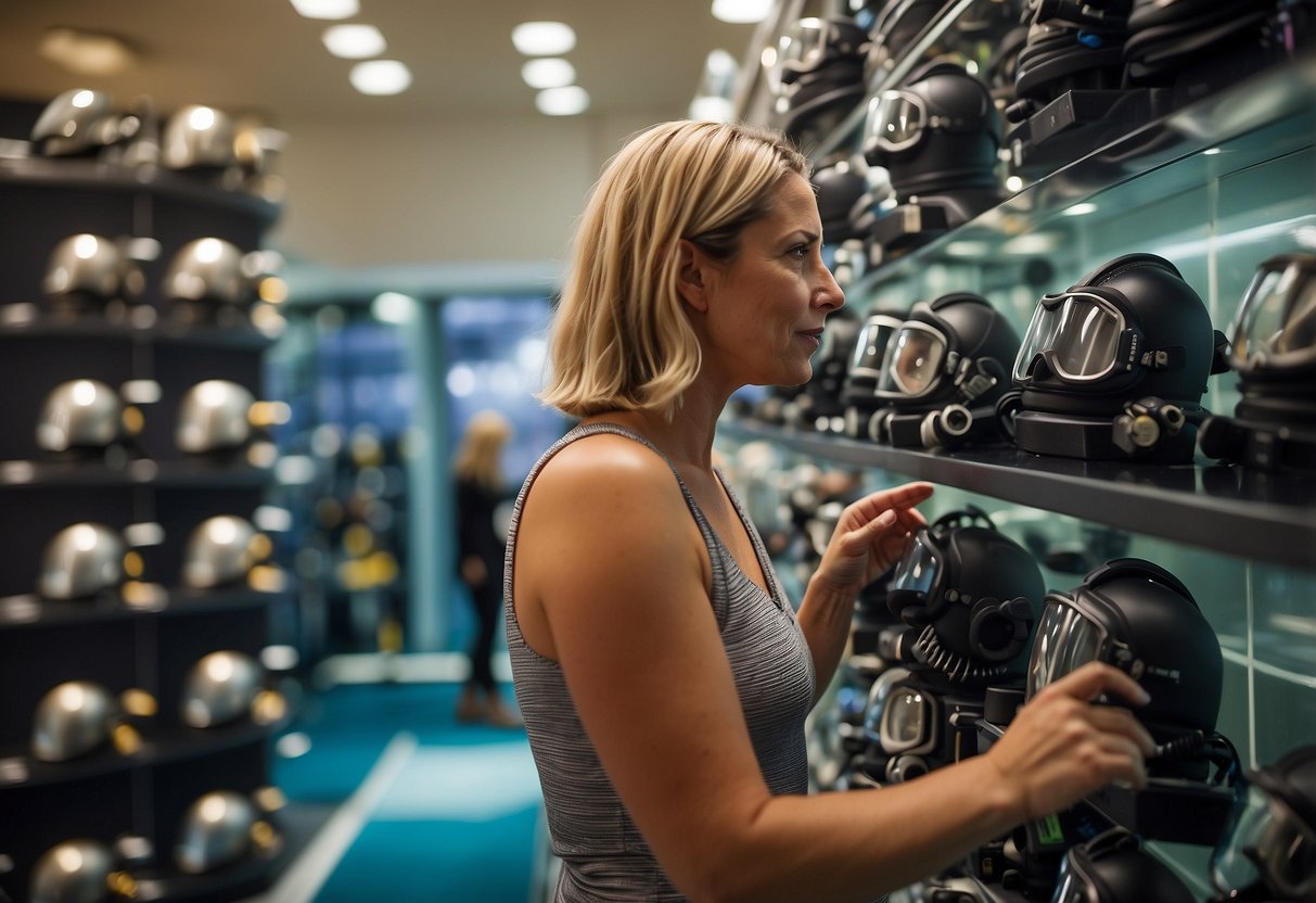 A woman carefully selects a lightweight diving helmet from a display of options, emphasizing the importance of choosing the right gear for her underwater adventure