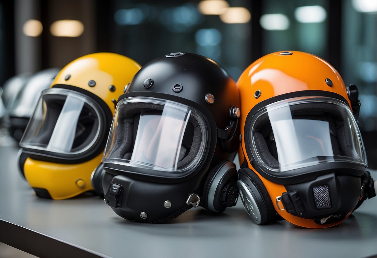 A table displaying 5 different lightweight diving helmets for women, each with adjustable straps and ventilation features