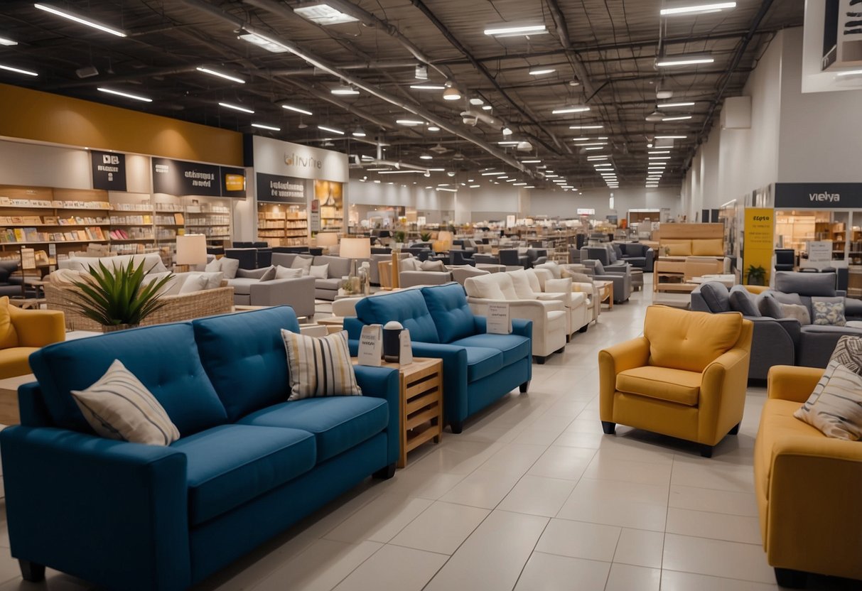 Customers browse furniture displays, try out sofas, and compare prices at Pick n Pay Furniture. Bright lighting and organized aisles create a welcoming atmosphere