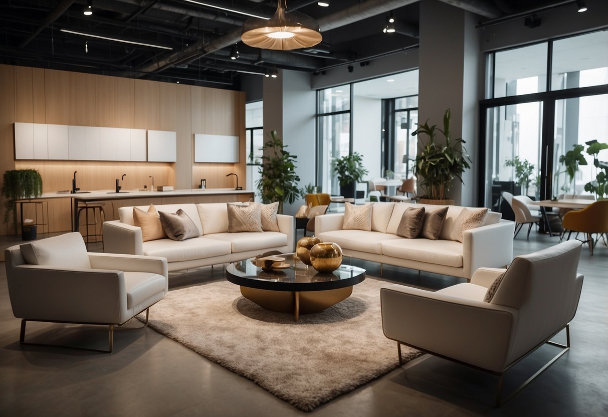 A bright, modern furniture showroom with a sleek, minimalist design. Various pieces are displayed in an organized and inviting manner