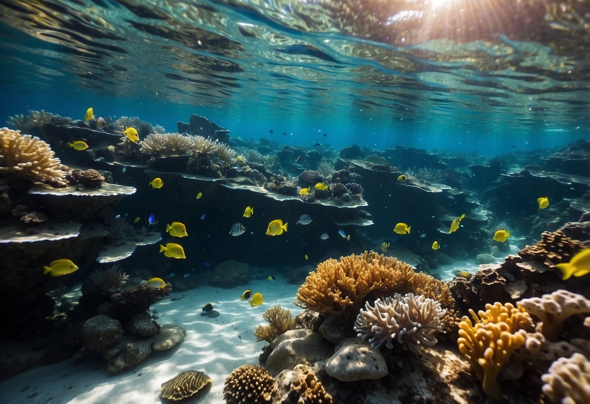 Crystal clear water surrounds vibrant coral reefs, teeming with colorful marine life. Sunlight filters through the water, creating a stunning underwater landscape