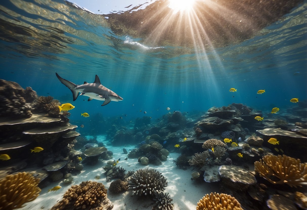 A vibrant coral reef teeming with colorful fish and a majestic shark gliding through the crystal-clear waters off the coast of Egypt