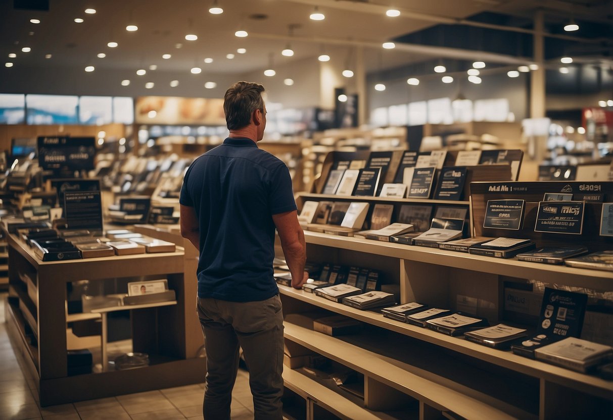 A customer browsing through a variety of furniture items with "Frequently Asked Questions" signs displayed on each product at a Pick n Pay furniture store