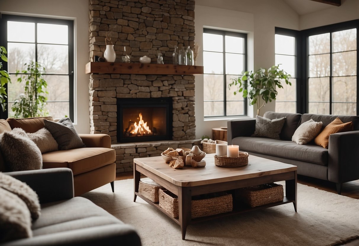A cozy living room with a plush sofa, elegant coffee table, and stylish armchair arranged around a warm fireplace