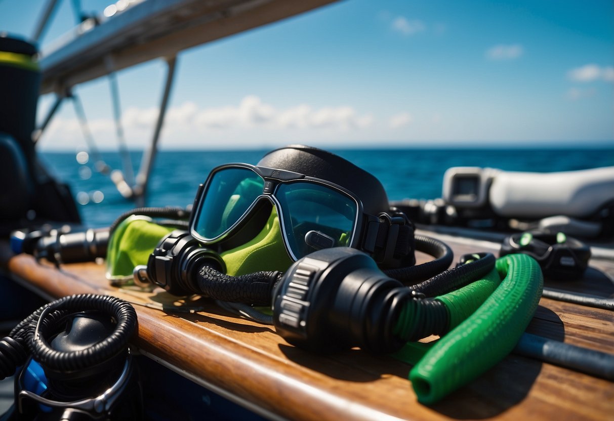 Crystal clear waters surround scuba gear laid out on a boat deck. Lush green islands dot the horizon under a bright blue sky