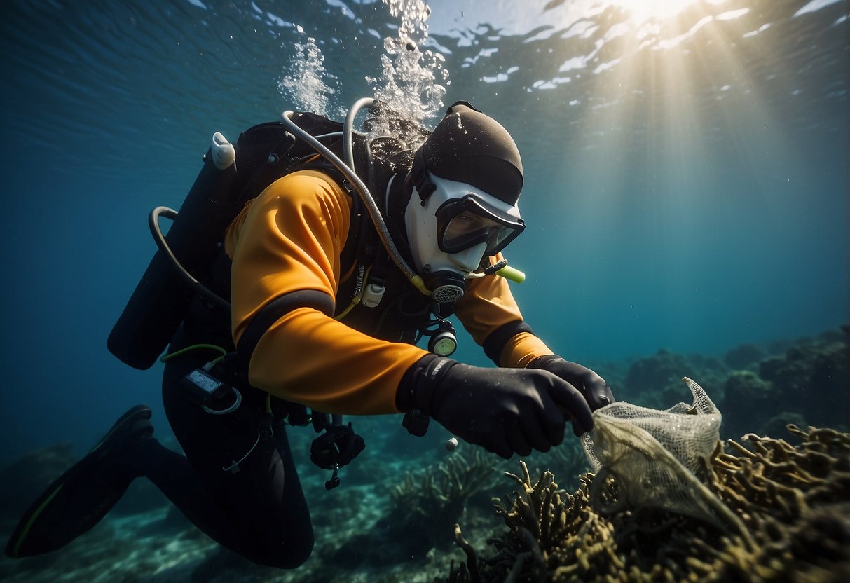 A diver carefully collects and separates waste underwater. They use a mesh bag to gather debris and a knife to cut fishing lines. The diver also signals to a partner for assistance