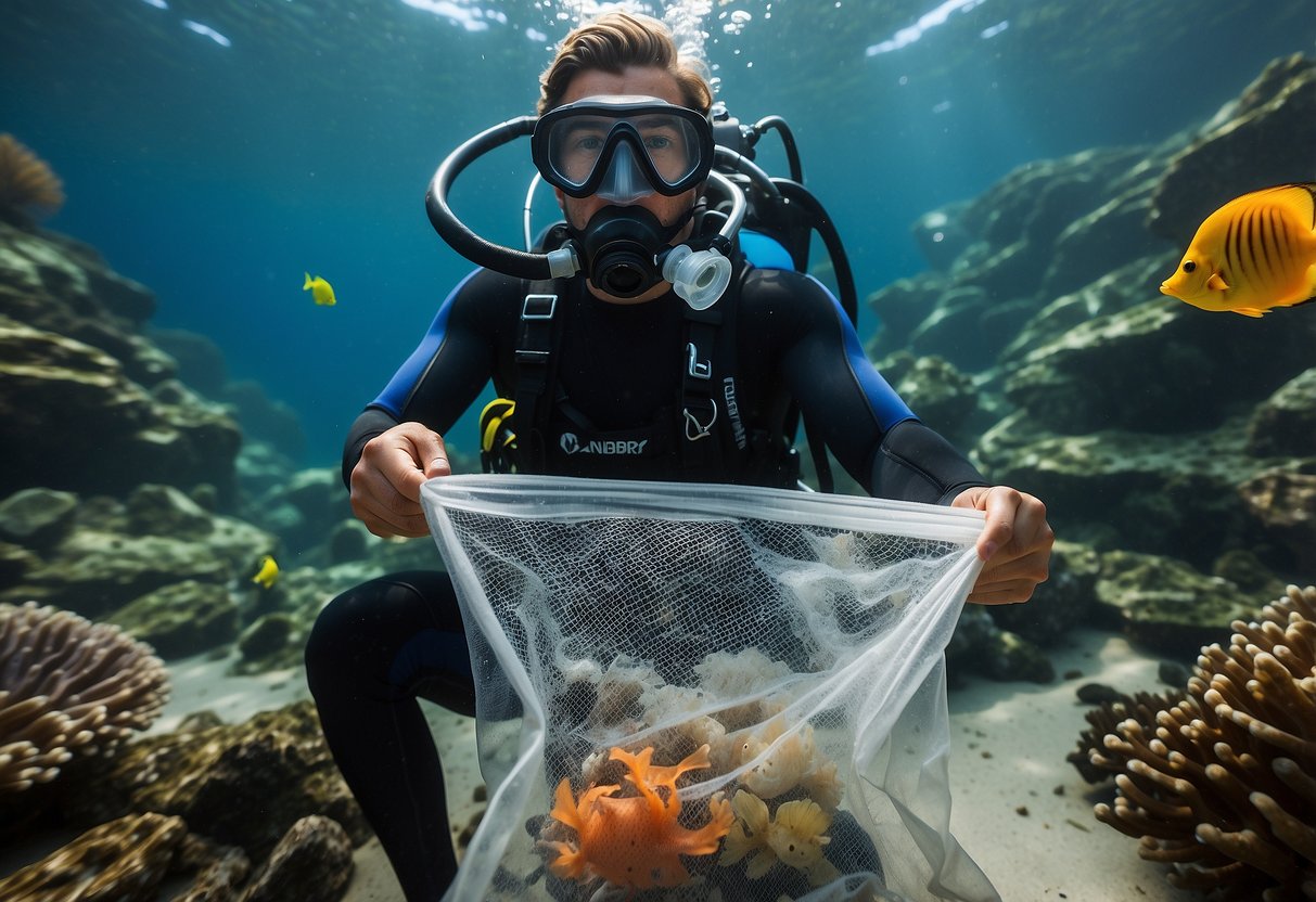 A diver holds a reusable mesh bag, surrounded by colorful marine life. Waste is carefully collected and managed underwater