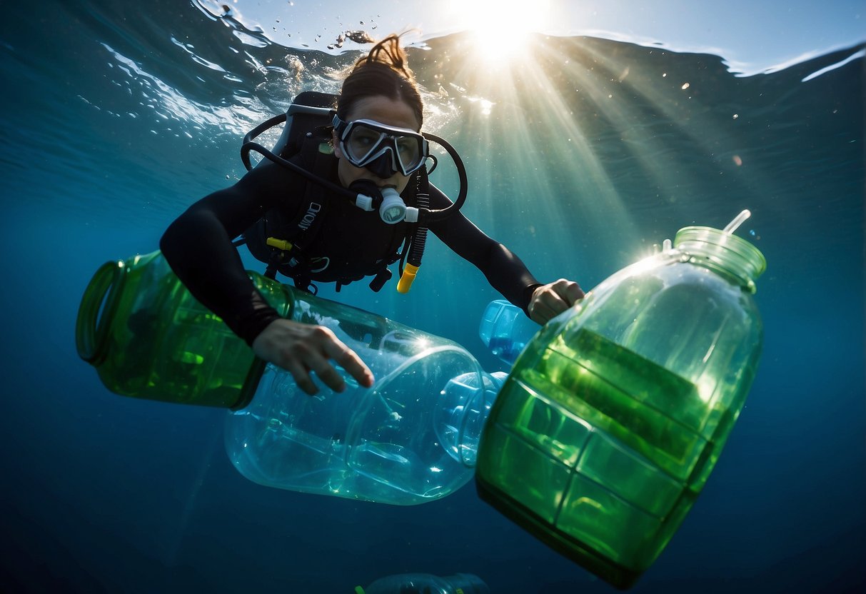 A diver places plastic bottles into a designated recycling bin underwater. Other waste management tips are listed in the background