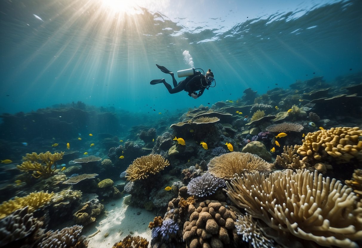 A coral reef with diverse marine life, clear blue water, and a diver disposing of waste properly