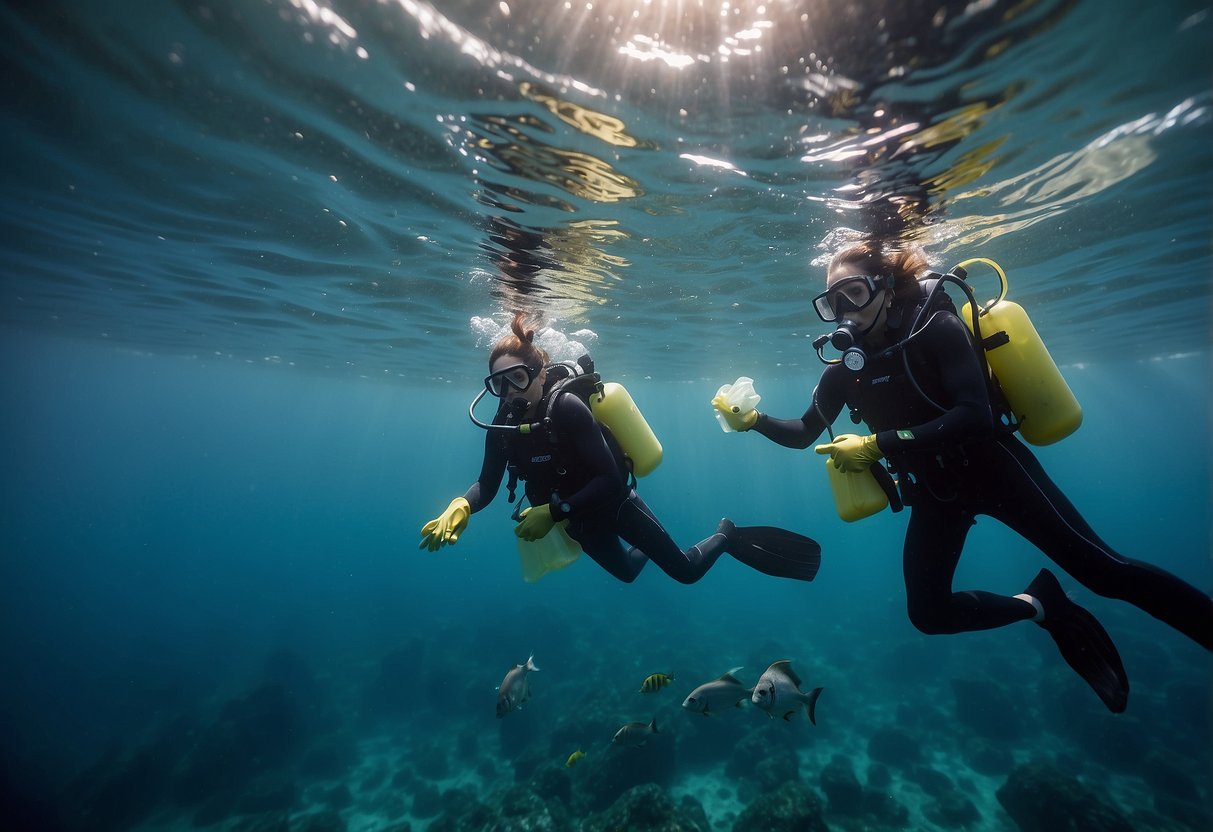 Underwater scene with divers collecting trash, using mesh bags and gloves. Trash includes plastic bottles, fishing lines, and metal cans. Bright coral and fish in the background