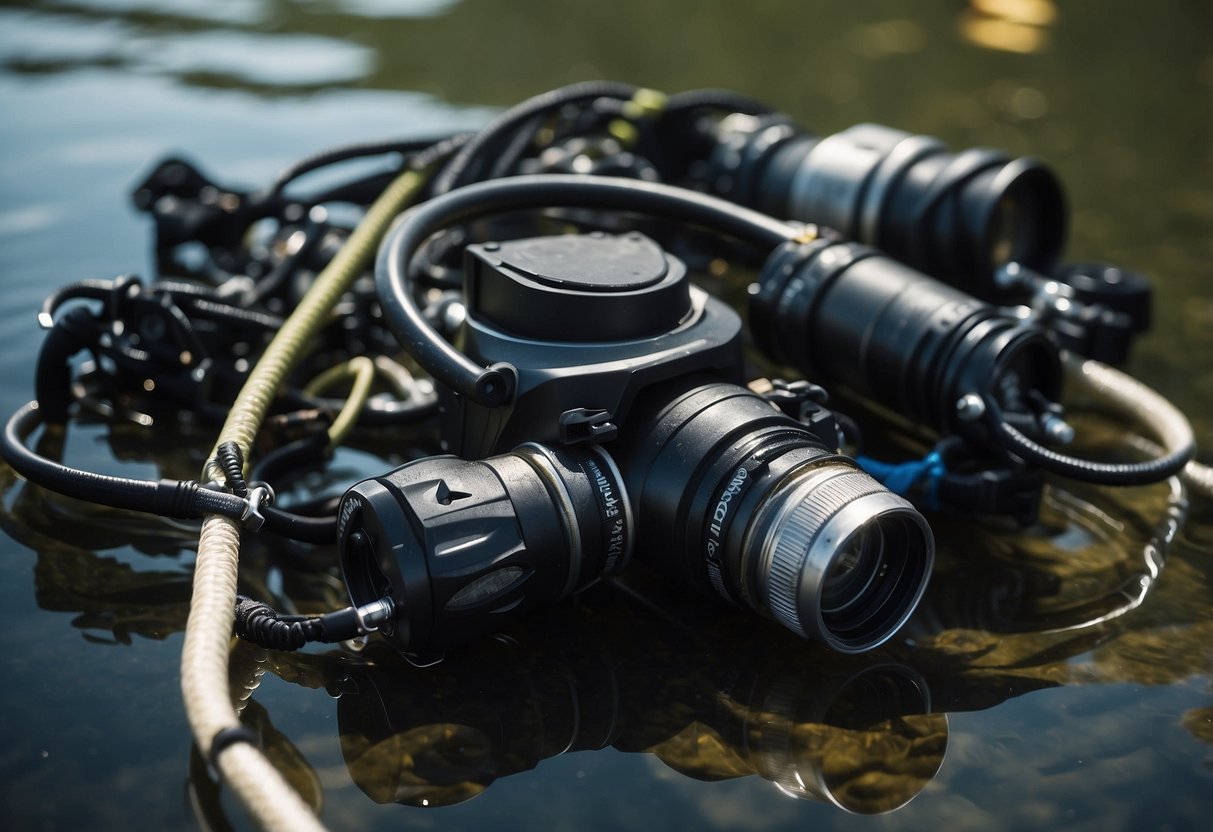 Diving gear secured with ropes and clips. Waste management tips displayed on a sign underwater