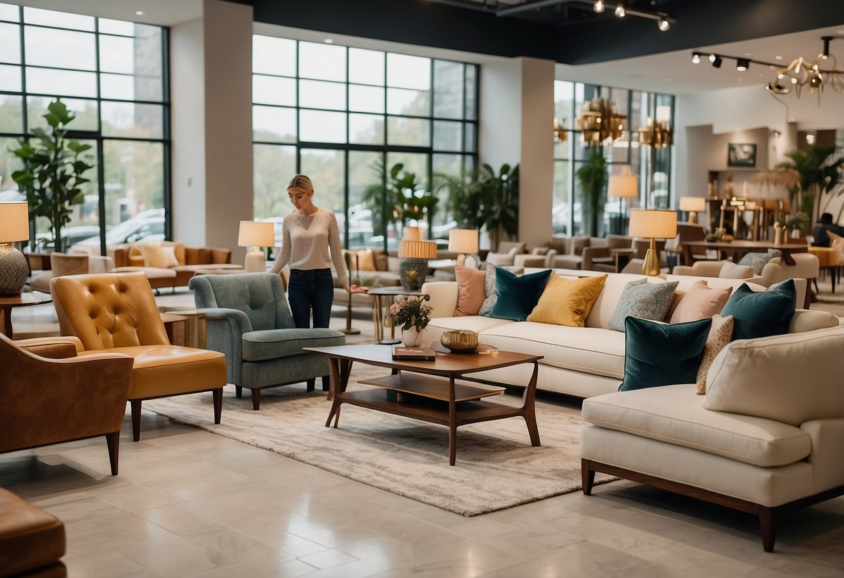 A customer browsing through a variety of furniture options in a bright and spacious showroom. Customization options are displayed, and a seamless shopping experience is evident