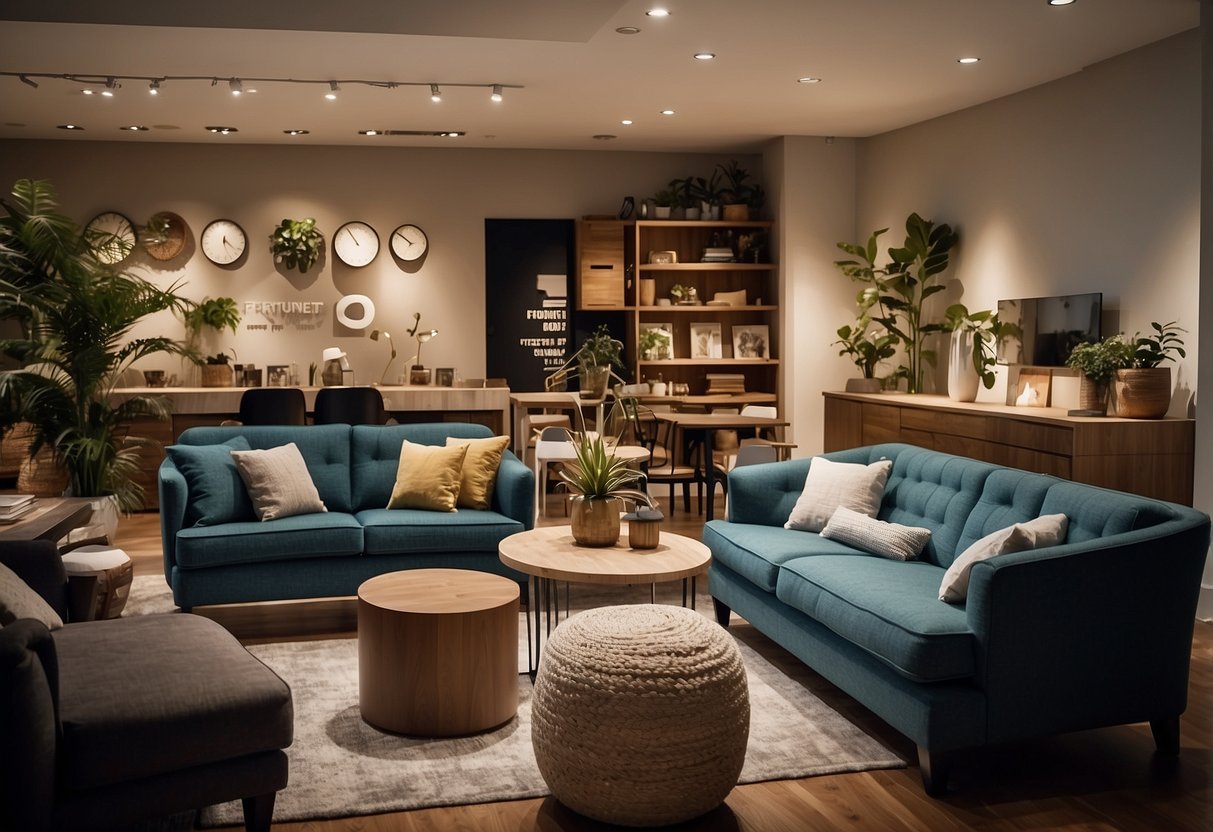 A room with various furniture pieces labeled "Frequently Asked Questions" in bold text. Customers browsing and pointing at items