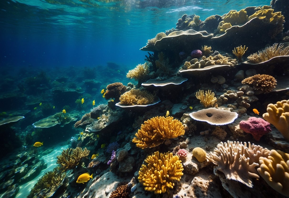 Crystal clear waters surround vibrant coral reefs teeming with colorful marine life. Sunlight dances through the depths, illuminating the diverse underwater landscapes