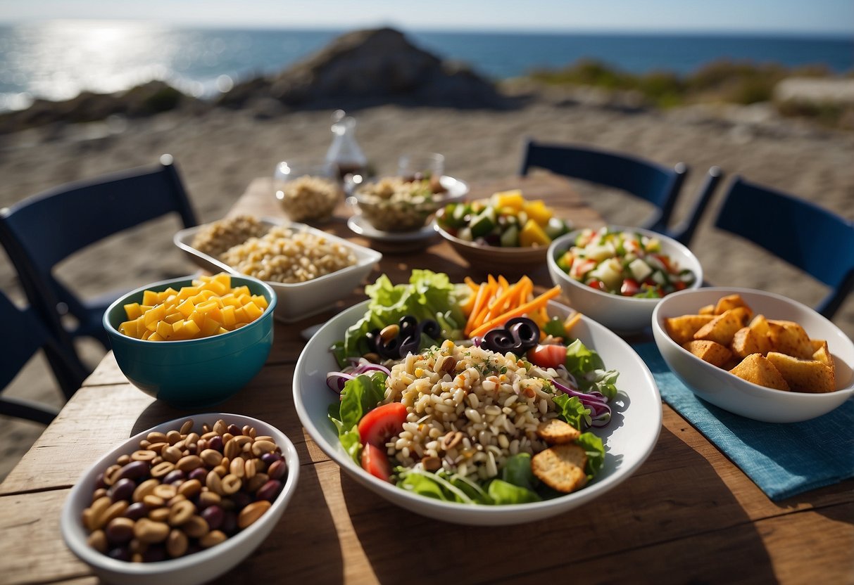 A table set with a variety of nutritious and lightweight meal options, including salads, wraps, and trail mix. Diving gear and a scenic ocean backdrop complete the scene