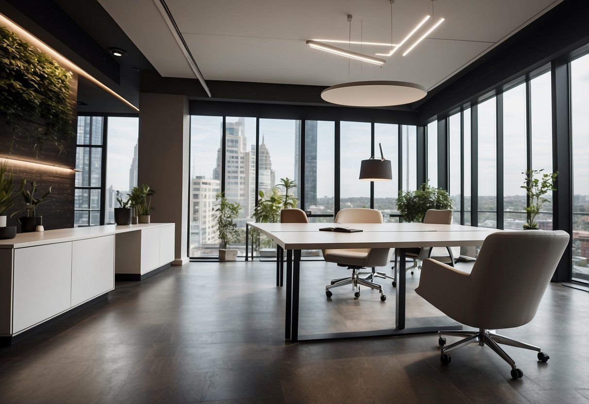 A modern office with sleek, minimalist furniture arranged in a collaborative layout. Clean lines and neutral colors create a professional, inviting atmosphere