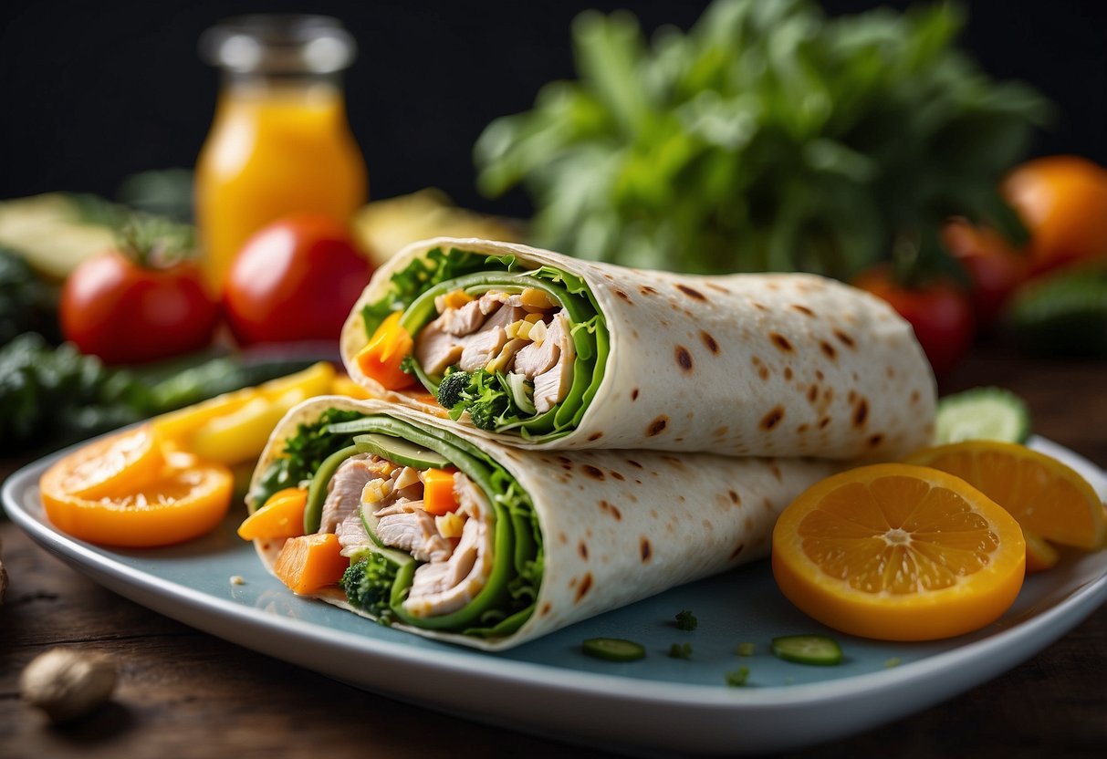 A colorful turkey wrap surrounded by a variety of fresh, vibrant vegetables, set against a backdrop of diving gear and equipment