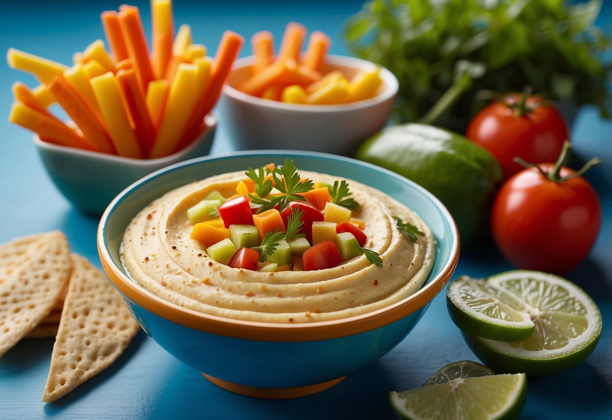 A colorful bowl of hummus surrounded by vibrant veggie sticks on a bright, ocean blue background. The light and airy atmosphere suggests a refreshing and healthy meal option for diving trips