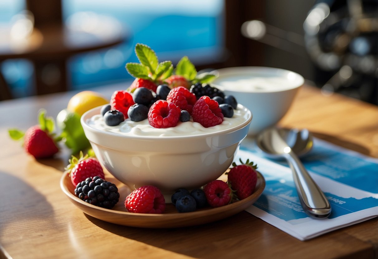 A bowl of Greek yogurt topped with fresh berries sits on a wooden table, surrounded by diving gear and a map of underwater locations